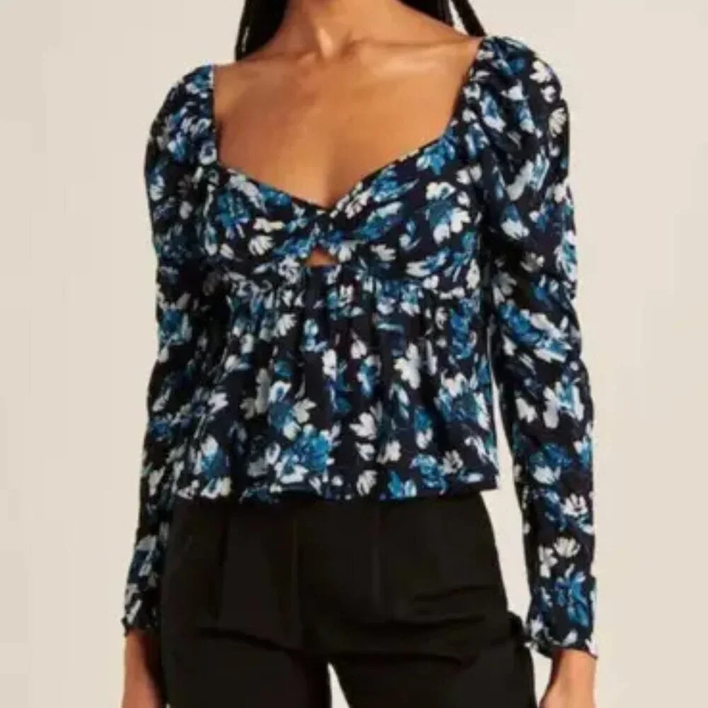 Abercrombie & Fitch Blue‎ White Floral Puff Sleeve Top